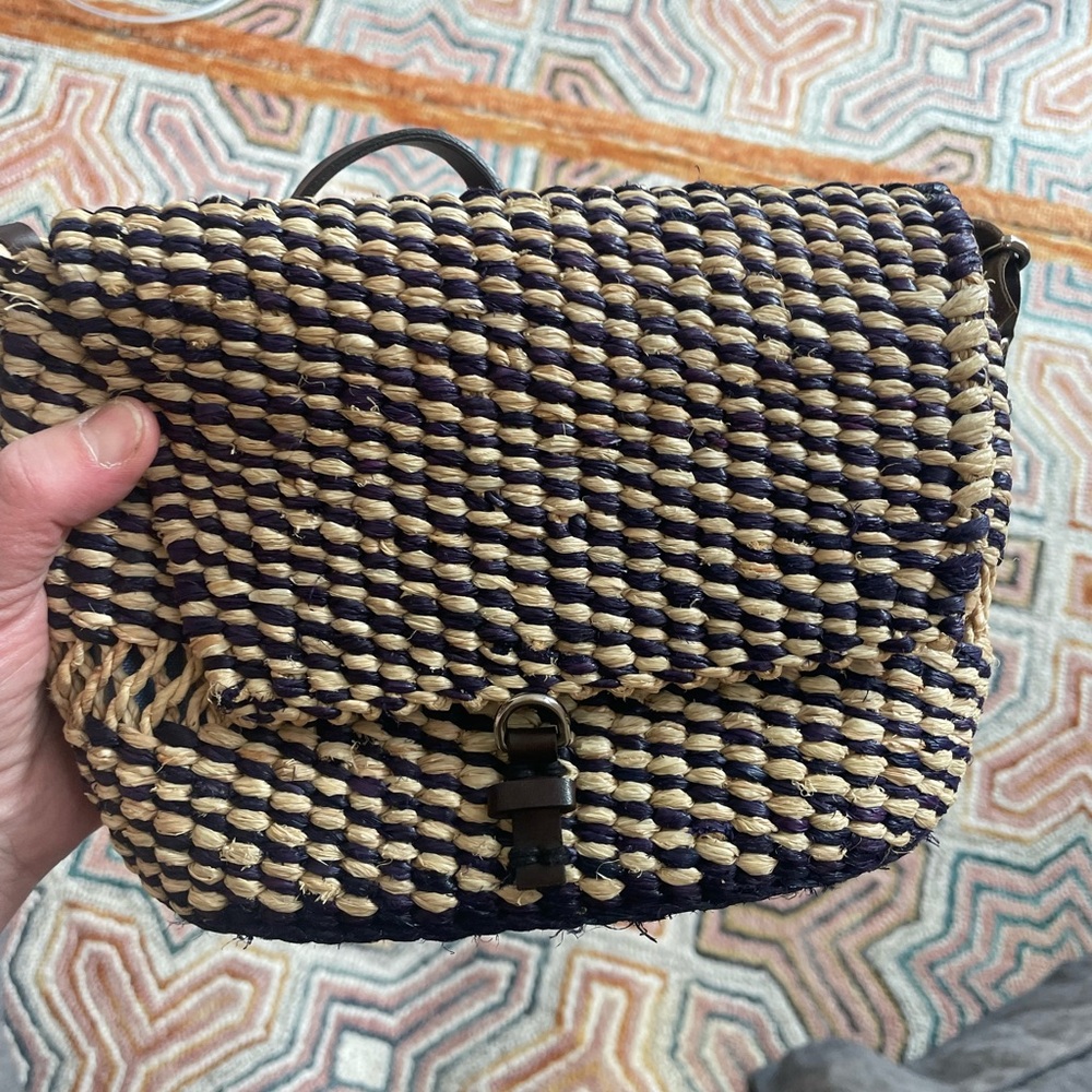 AAKS Sinsi Dot Navy Blue Raffia Crossbody Bag NWOT